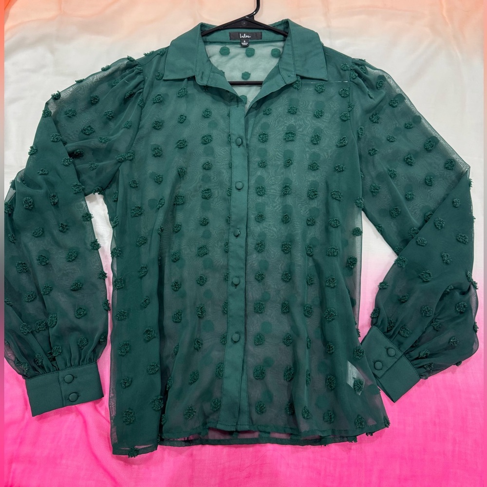 Lulu's Emerald Green Sheer Button Down Shirt